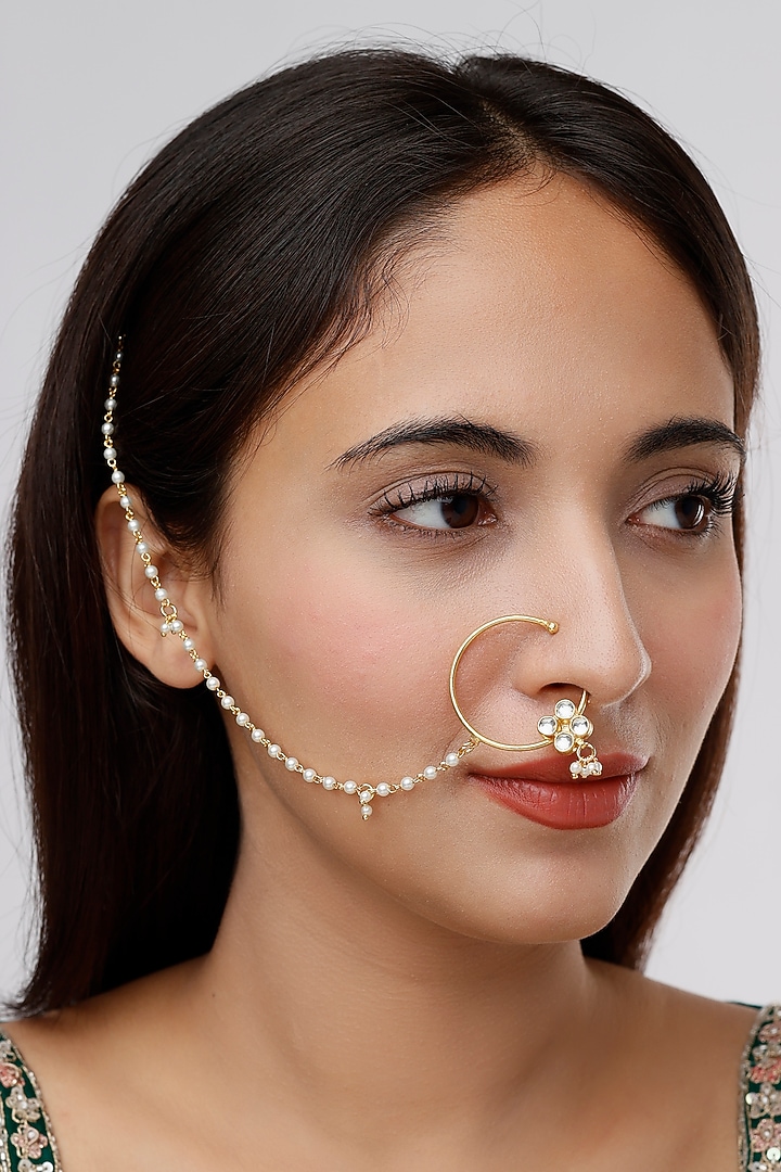 Gold Finish Kundan Polki & Pearl Nath by VASTRAA Jewellery at Pernia's Pop Up Shop