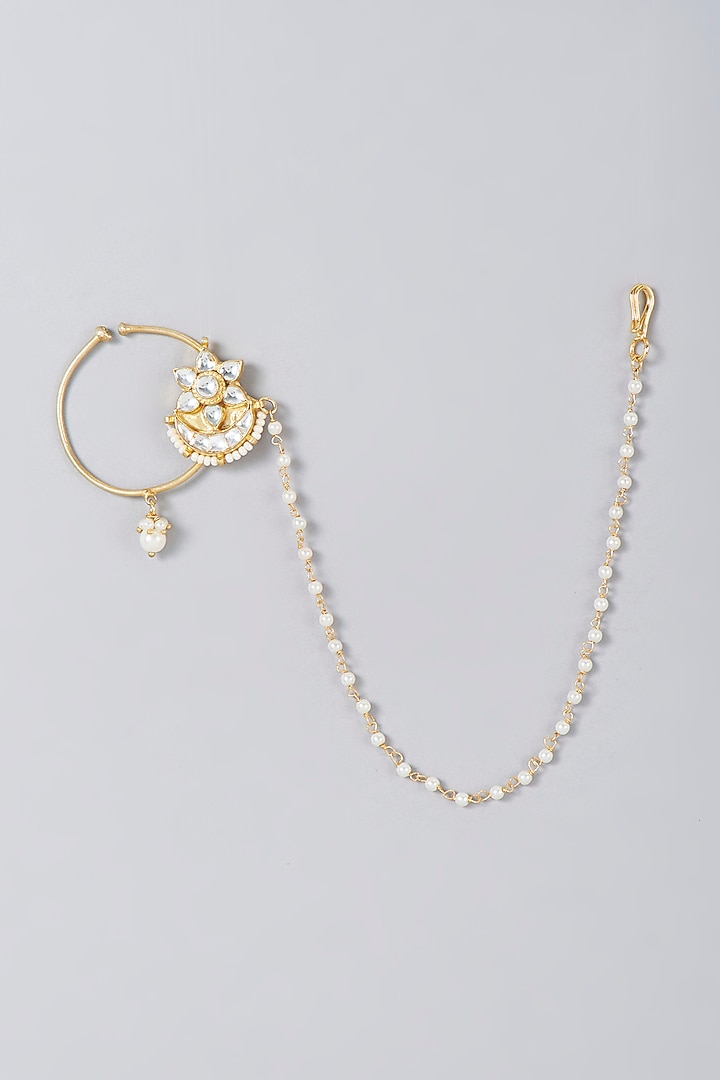 Gold Finish Pearl & Kundan Polki Nath by VASTRAA Jewellery at Pernia's Pop Up Shop