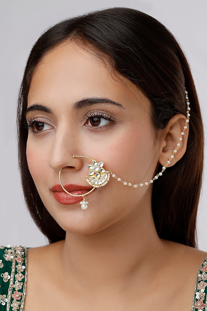 Gold Finish Pearl & Kundan Polki Nath by VASTRAA Jewellery at Pernia's Pop Up Shop