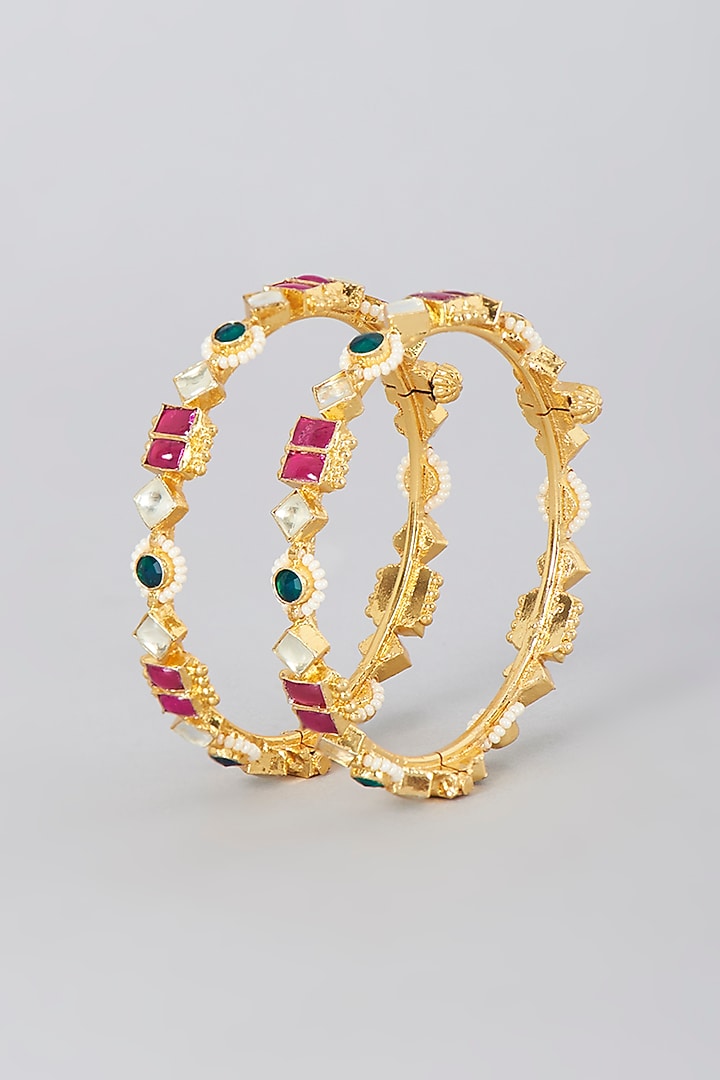 Gold Finish Kundan Polki & Synthetic Stone Bangles (Set Of 2) by VASTRAA Jewellery at Pernia's Pop Up Shop