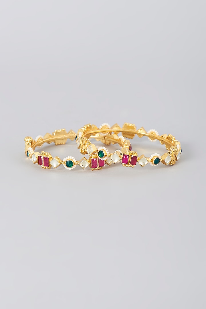 Gold Finish Kundan Polki & Synthetic Stone Bangles (Set Of 2) by VASTRAA Jewellery at Pernia's Pop Up Shop