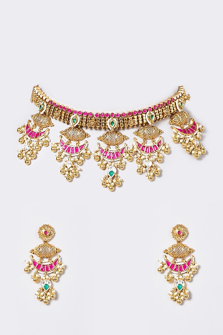 Gold Finish Ruby Synthetic Stone & Pachi Kundan Polki Necklace Set by VASTRAA Jewellery at Pernia's Pop Up Shop