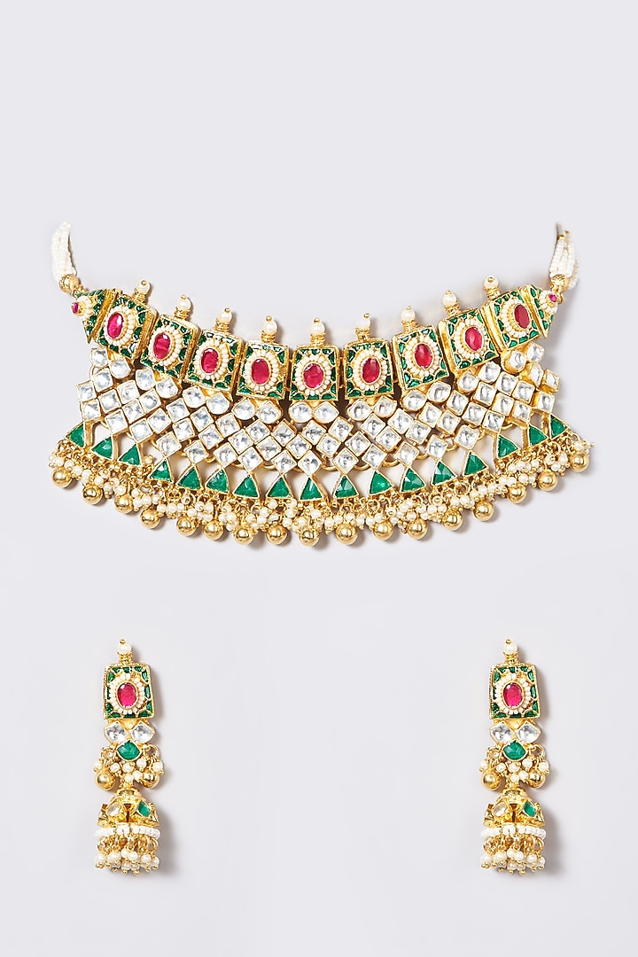Gold Finish Multi-Colored Zircons & Pachi Kundan Polki Necklace Set by VASTRAA Jewellery at Pernia's Pop Up Shop