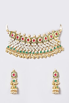 Gold Finish Multi-Colored Zircons & Pachi Kundan Polki Necklace Set by VASTRAA Jewellery-POPULAR PRODUCTS AT STORE