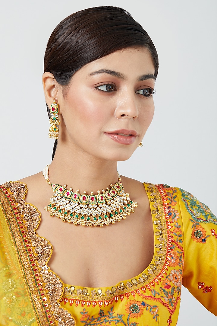Gold Finish Multi-Colored Zircons & Pachi Kundan Polki Necklace Set by VASTRAA Jewellery