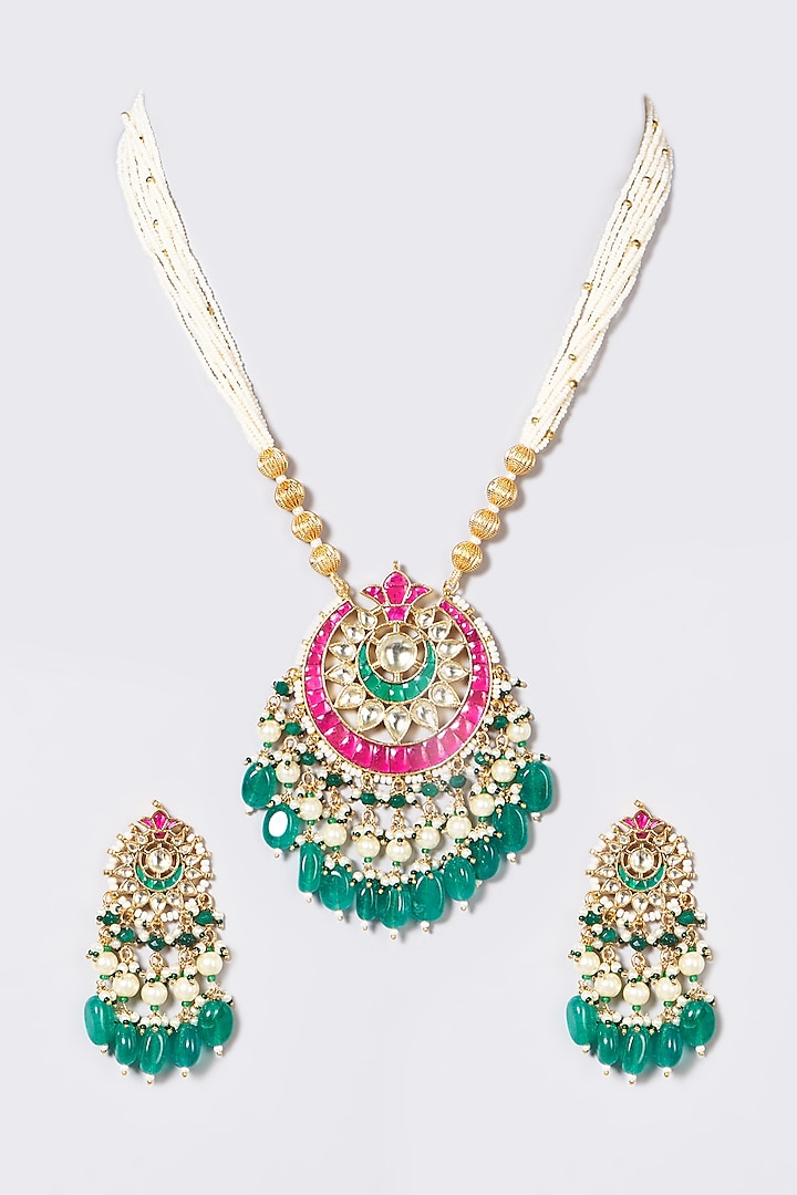 Gold Finish Pachi Kundan Polki & Zircons Long Necklace Set by VASTRAA Jewellery
