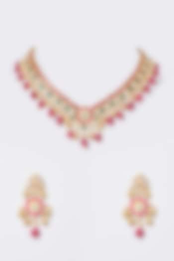 Gold Finish Pachi Kundan Polki & Ruby Synthetic Stone Necklace Set by VASTRAA Jewellery