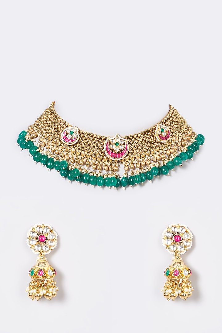 Gold Finish Pachi Kundan Polki & Emerald Synthetic Stone Necklace Set by VASTRAA Jewellery at Pernia's Pop Up Shop