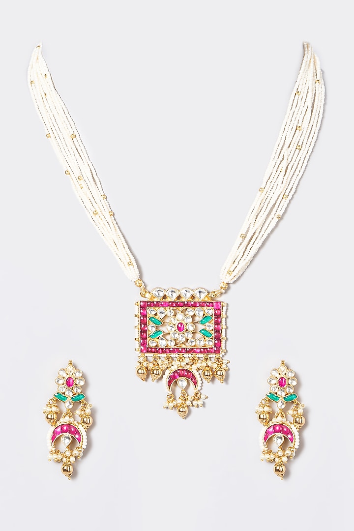 Gold Finish Kundan Polki & Pearl Long Necklace Set by VASTRAA Jewellery at Pernia's Pop Up Shop