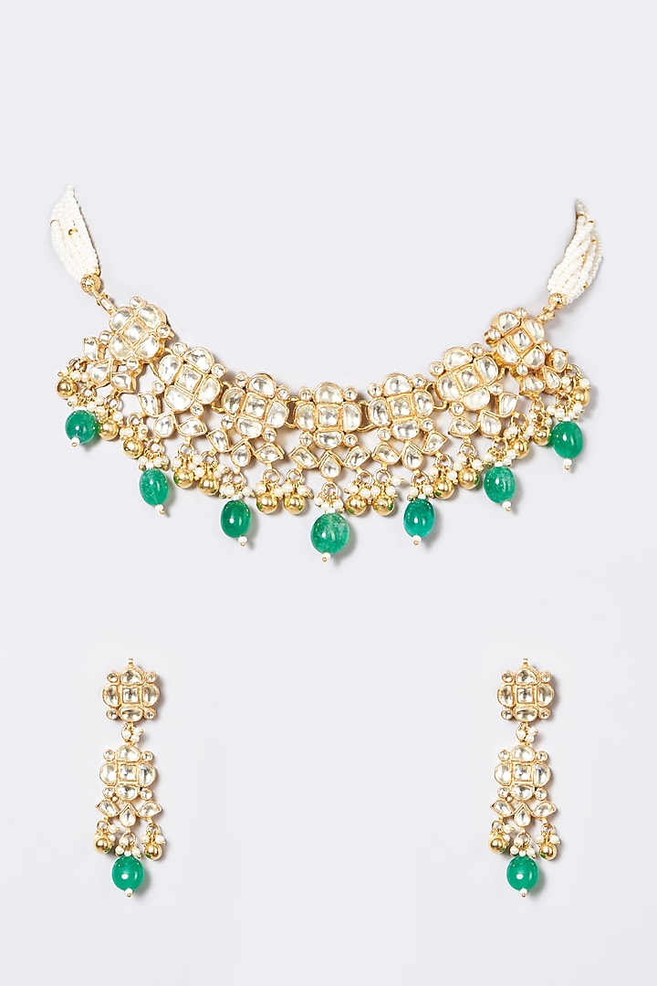 Gold Finish Kundan Polki & Pearl Choker Necklace Set by VASTRAA Jewellery at Pernia's Pop Up Shop