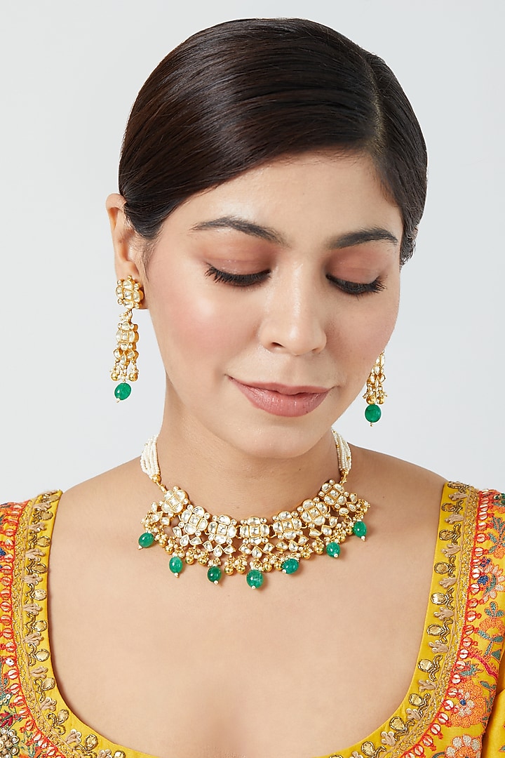 Gold Finish Kundan Polki & Pearl Choker Necklace Set by VASTRAA Jewellery at Pernia's Pop Up Shop