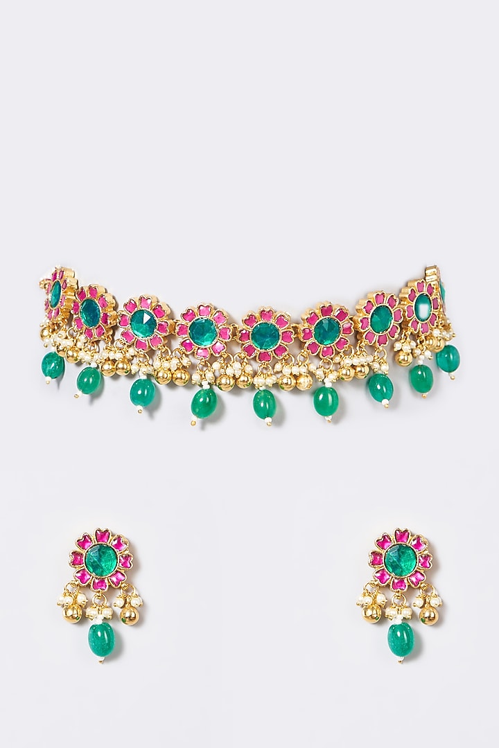 Gold Finish Pachi Kundan Polki & Multi-Colored Stone Choker Necklace Set by VASTRAA Jewellery at Pernia's Pop Up Shop
