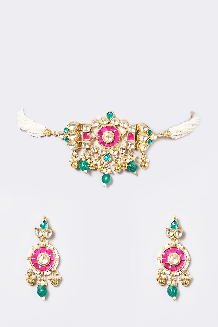 Gold Finish Pachi Kundan Polki & Pearl Choker Necklace Set by VASTRAA Jewellery at Pernia's Pop Up Shop