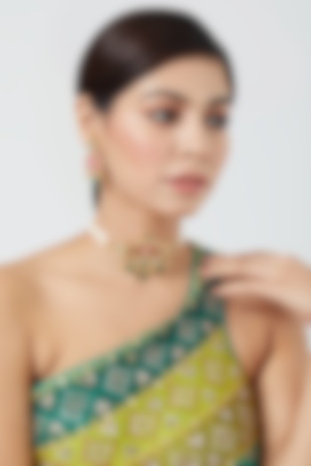 Gold Finish Pachi Kundan Polki & Pearl Choker Necklace Set by VASTRAA Jewellery at Pernia's Pop Up Shop