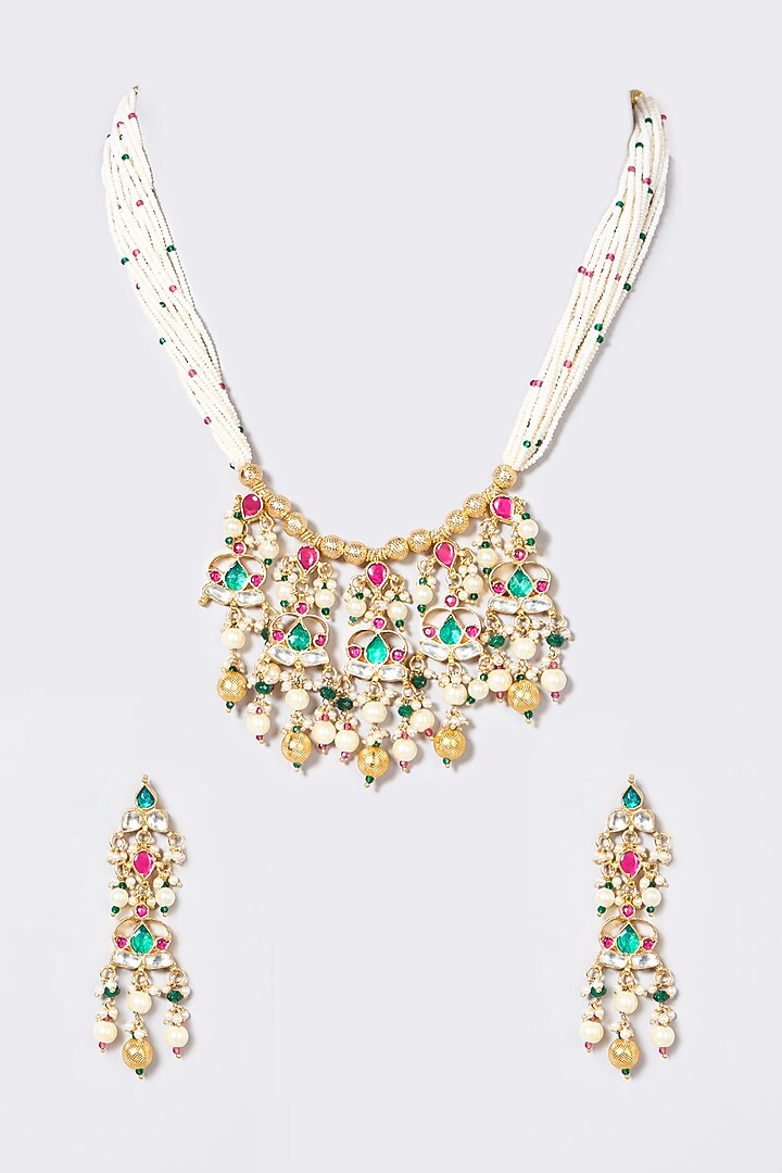 Gold Finish Pachi Kundan Polki & Pearl Choker Necklace Set by VASTRAA Jewellery at Pernia's Pop Up Shop