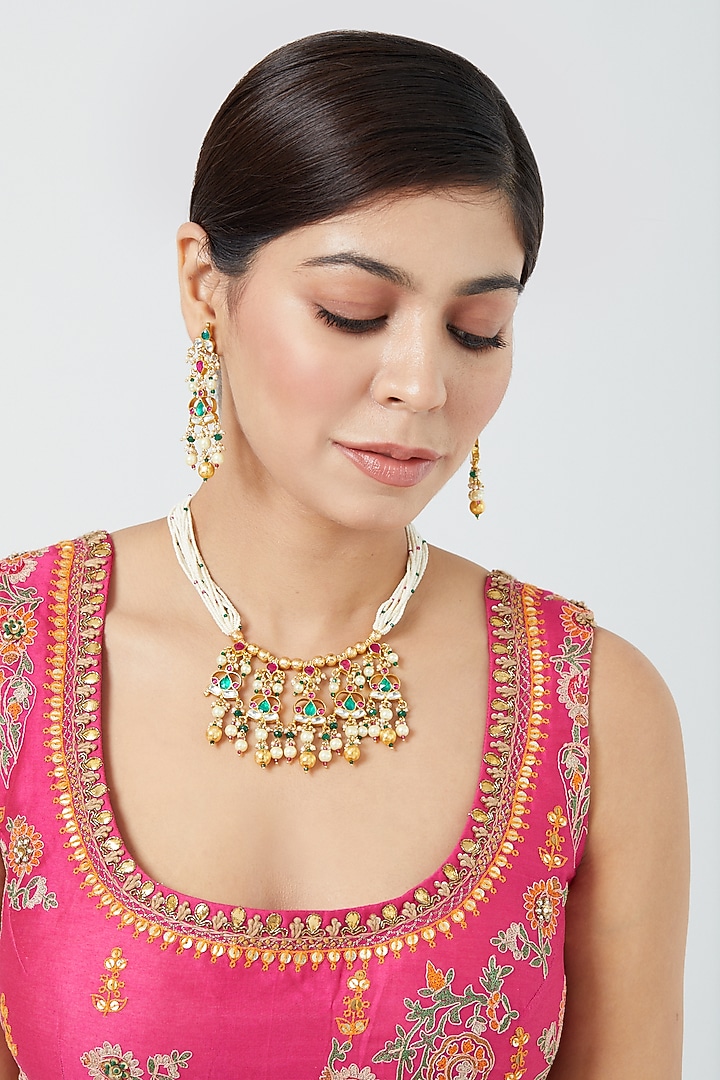 Gold Finish Pachi Kundan Polki & Pearl Choker Necklace Set by VASTRAA Jewellery at Pernia's Pop Up Shop