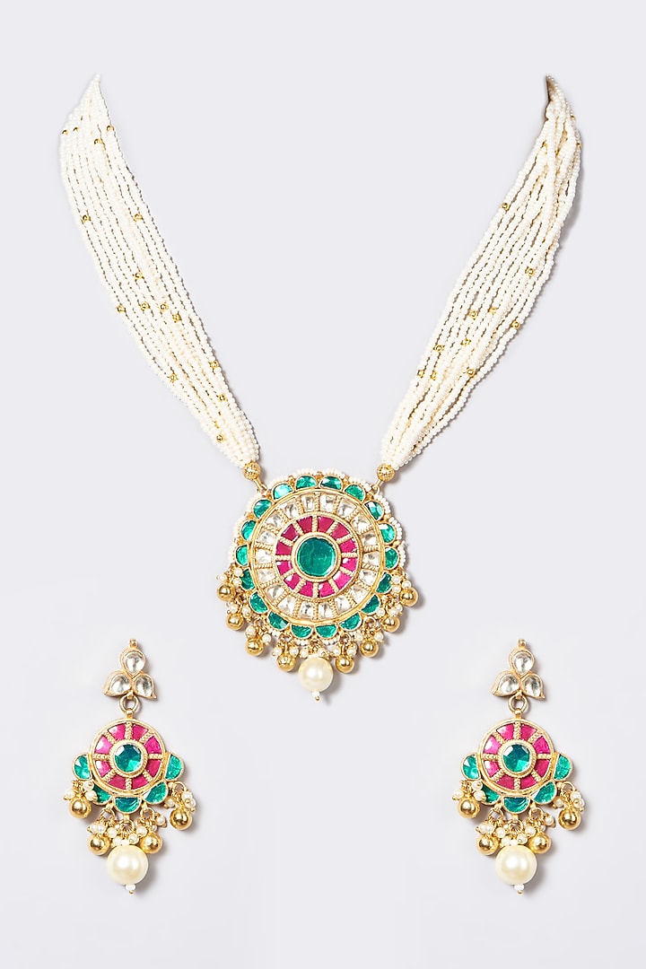 Gold Finish Pachi Kundan Polki & Pearl Long Necklace Set by VASTRAA Jewellery at Pernia's Pop Up Shop