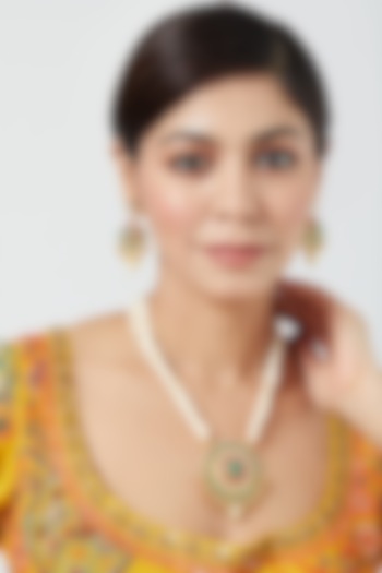 Gold Finish Pachi Kundan Polki & Pearl Long Necklace Set by VASTRAA Jewellery at Pernia's Pop Up Shop