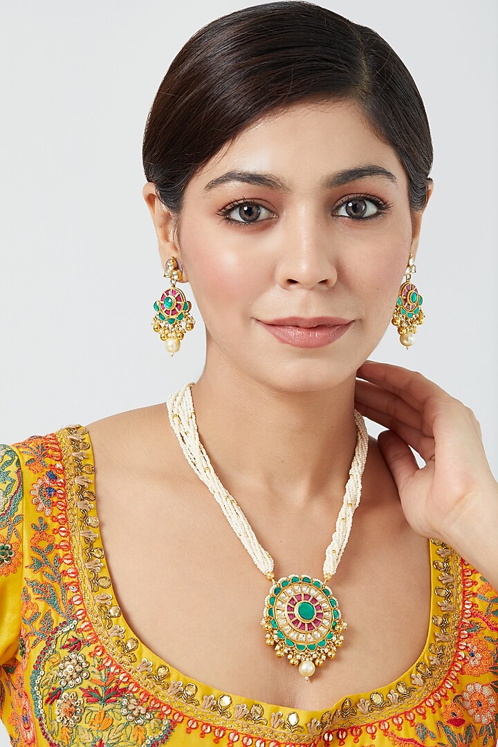 Gold Finish Pachi Kundan Polki & Pearl Long Necklace Set by VASTRAA Jewellery at Pernia's Pop Up Shop