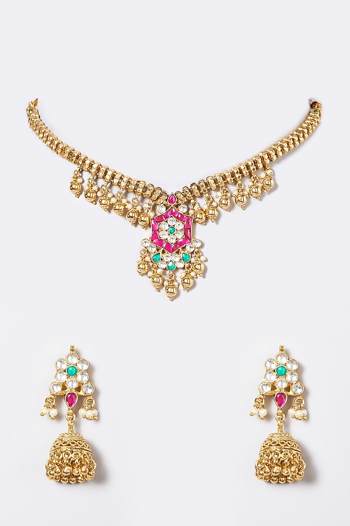 Gold Finish Pachi Kundan Polki & Pearl Choker Necklace Set by VASTRAA Jewellery at Pernia's Pop Up Shop