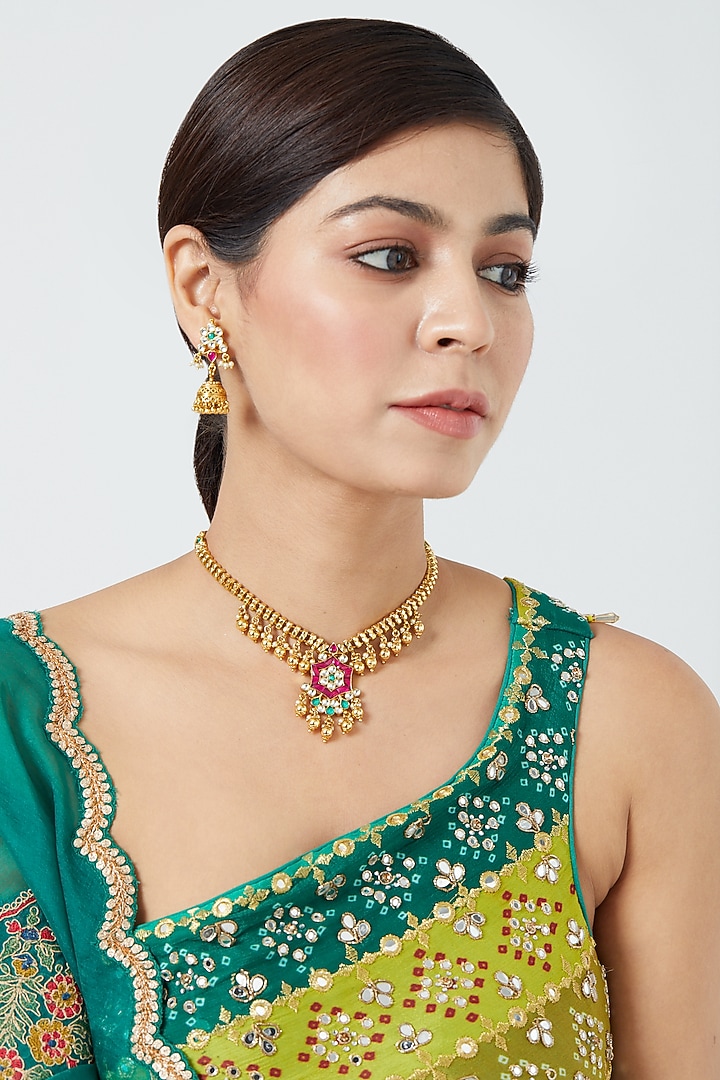 Gold Finish Pachi Kundan Polki & Pearl Choker Necklace Set by VASTRAA Jewellery at Pernia's Pop Up Shop