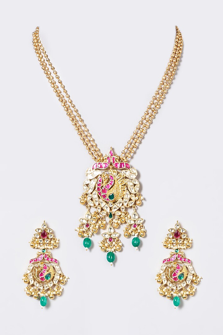 Gold Finish Pachi Kundan Polki Long Necklace Set by VASTRAA Jewellery at Pernia's Pop Up Shop