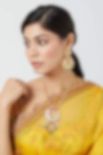 Gold Finish Pachi Kundan Polki Long Necklace Set by VASTRAA Jewellery