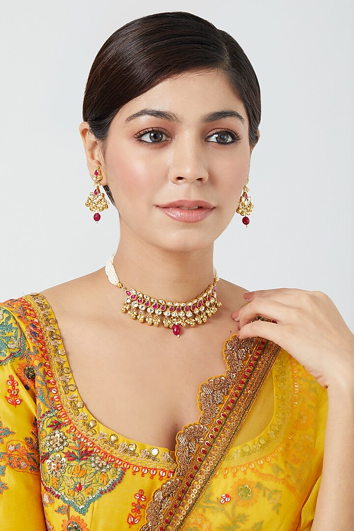 Gold Finish Pachi Kundan Polki & Pearl Choker Necklace Set by VASTRAA Jewellery at Pernia's Pop Up Shop