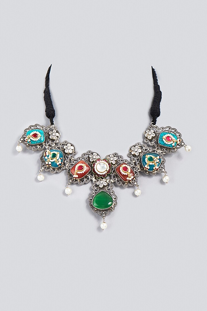 Oxidized Finish Kundan Polki & Synthetic Stone Choker Necklace by VASTRAA Jewellery at Pernia's Pop Up Shop
