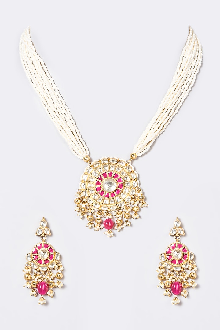 Gold Finish Pachi Kundan Polki & Pearl Long Necklace Set by VASTRAA Jewellery at Pernia's Pop Up Shop
