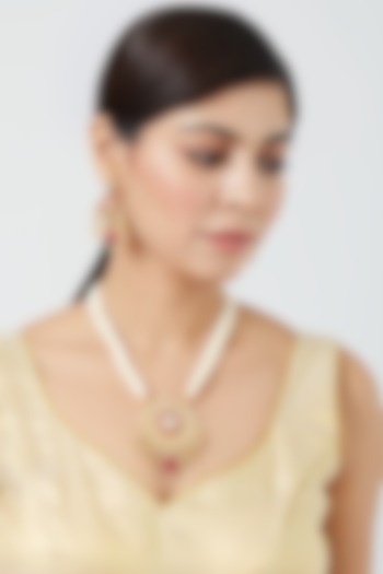 Gold Finish Pachi Kundan Polki & Pearl Long Necklace Set by VASTRAA Jewellery at Pernia's Pop Up Shop