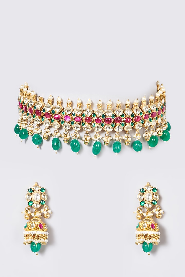 Gold Finish Pachi Kundan Polki & Multi-Colored Stone Choker Necklace Set by VASTRAA Jewellery at Pernia's Pop Up Shop