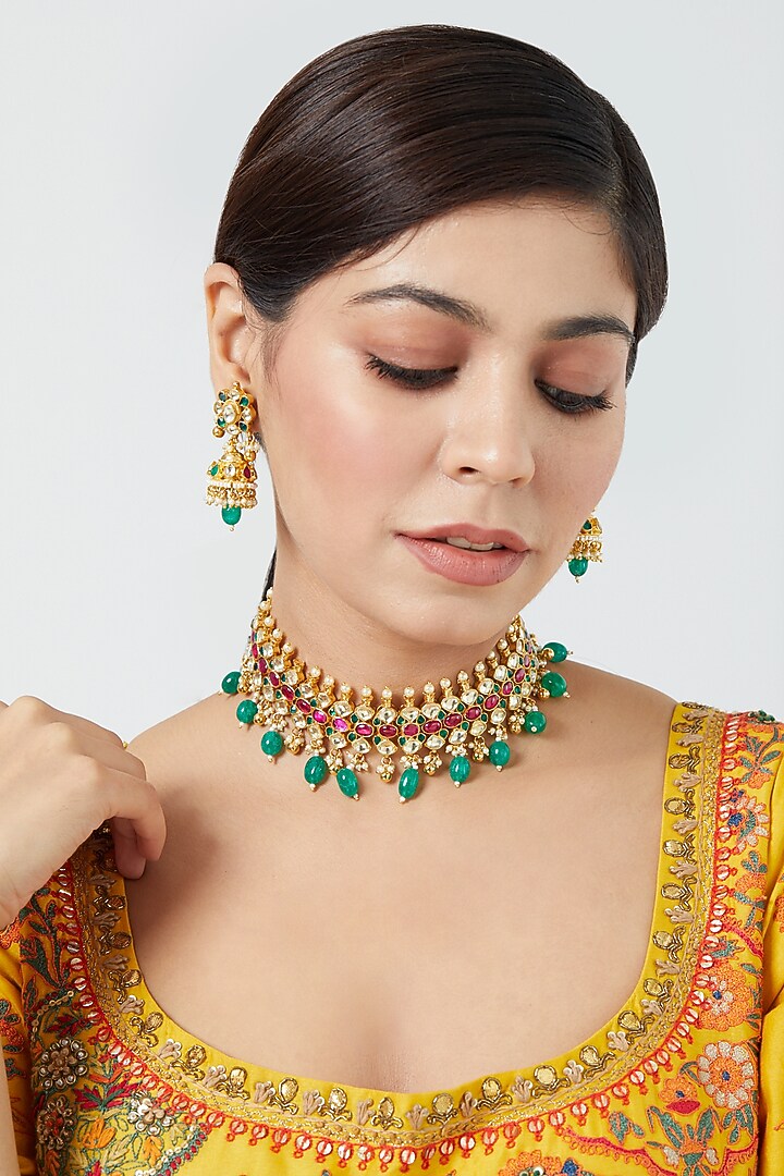 Gold Finish Pachi Kundan Polki & Multi-Colored Stone Choker Necklace Set by VASTRAA Jewellery at Pernia's Pop Up Shop