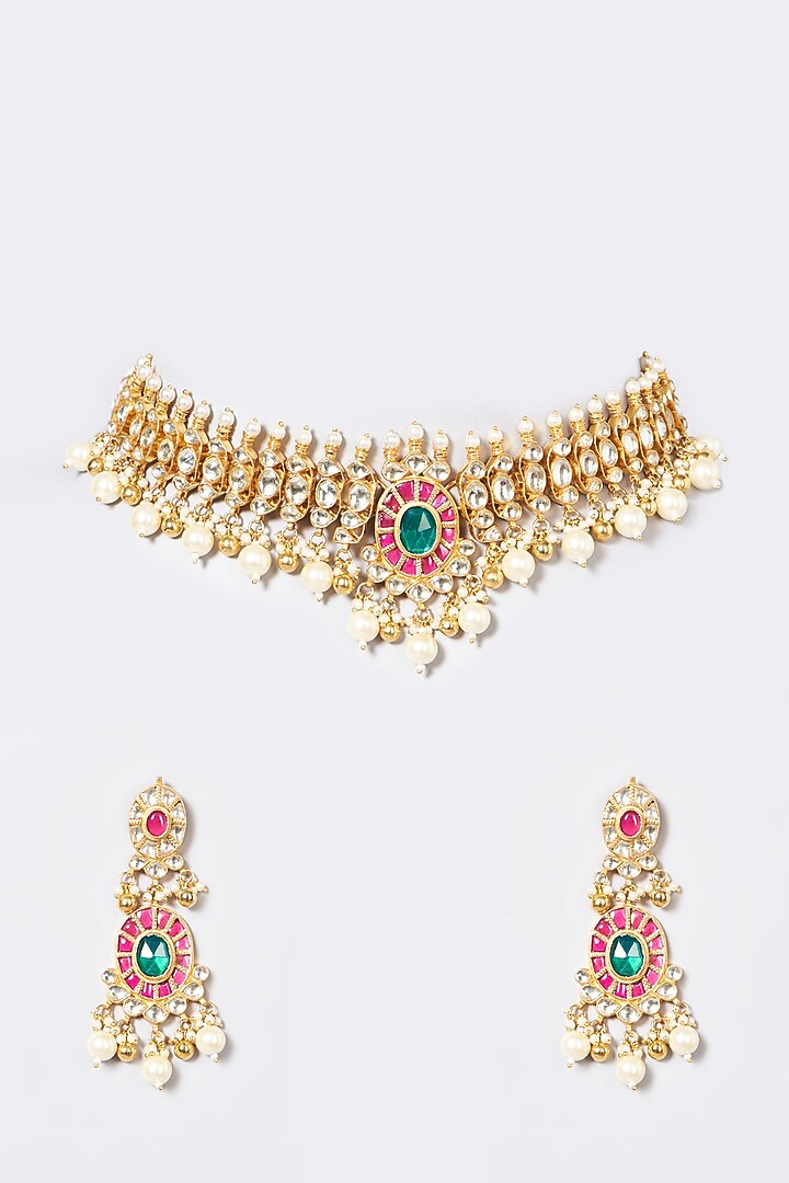 Gold Finish Pachi Kundan Polki & Pearl Choker Necklace Set by VASTRAA Jewellery at Pernia's Pop Up Shop