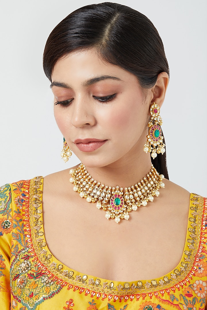Gold Finish Pachi Kundan Polki & Pearl Choker Necklace Set by VASTRAA Jewellery at Pernia's Pop Up Shop