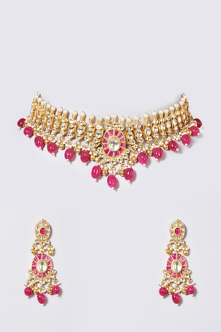 Gold Finish Pachi Kundan Polki & Pink Beaded Choker Necklace Set by VASTRAA Jewellery at Pernia's Pop Up Shop