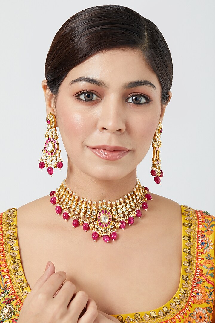 Gold Finish Pachi Kundan Polki & Pink Beaded Choker Necklace Set by VASTRAA Jewellery at Pernia's Pop Up Shop