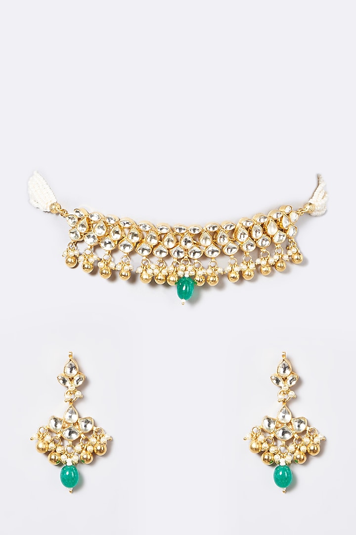 Gold Finish Pachi Kundan Polki & Pearl Choker Necklace Set by VASTRAA Jewellery at Pernia's Pop Up Shop