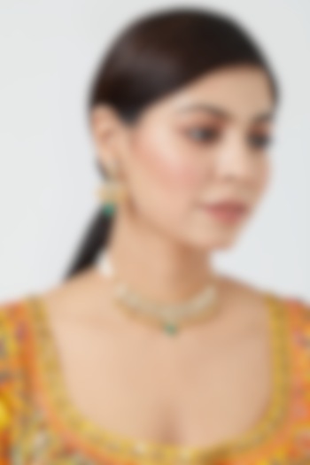 Gold Finish Pachi Kundan Polki & Pearl Choker Necklace Set by VASTRAA Jewellery at Pernia's Pop Up Shop
