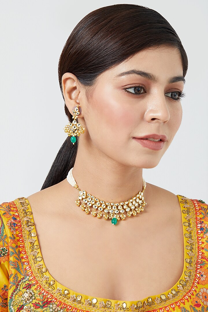 Gold Finish Pachi Kundan Polki & Pearl Choker Necklace Set by VASTRAA Jewellery at Pernia's Pop Up Shop