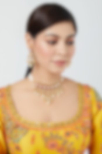 Gold Finish Pachi Kundan Polki & Pearl Choker Necklace Set by VASTRAA Jewellery