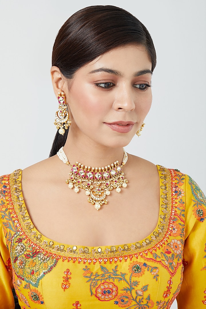 Gold Finish Pachi Kundan Polki & Pearl Choker Necklace Set by VASTRAA Jewellery