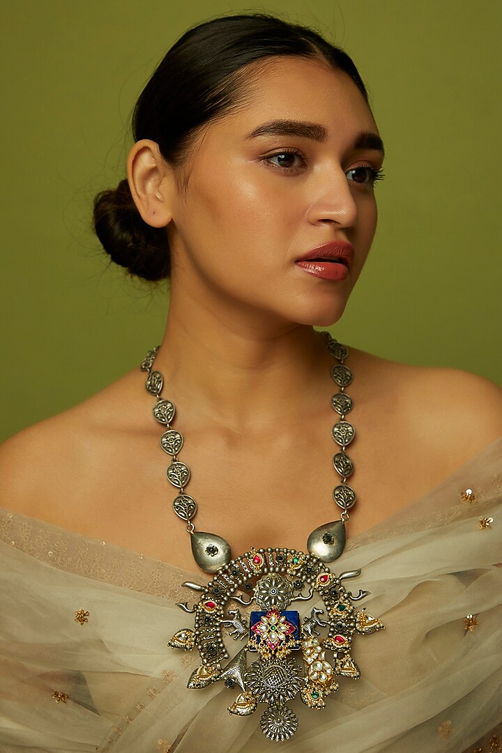 Oxidized Finish Kundan Polki & Synthetic Stone Long Necklace by VASTRAA Jewellery at Pernia's Pop Up Shop
