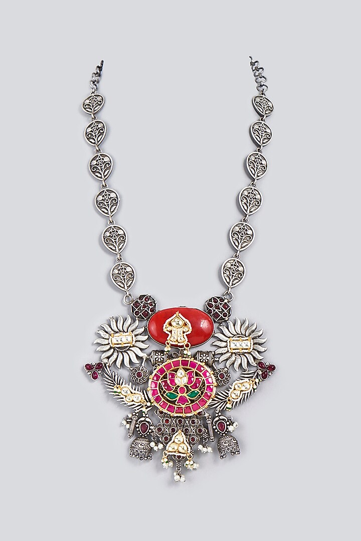 Oxidized Finish Kundan Polki & Synthetic Stone Long Necklace by VASTRAA Jewellery at Pernia's Pop Up Shop