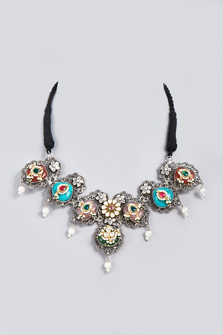 Oxidized Finish Kundan Polki & Synthetic Stone Choker Necklace by VASTRAA Jewellery at Pernia's Pop Up Shop