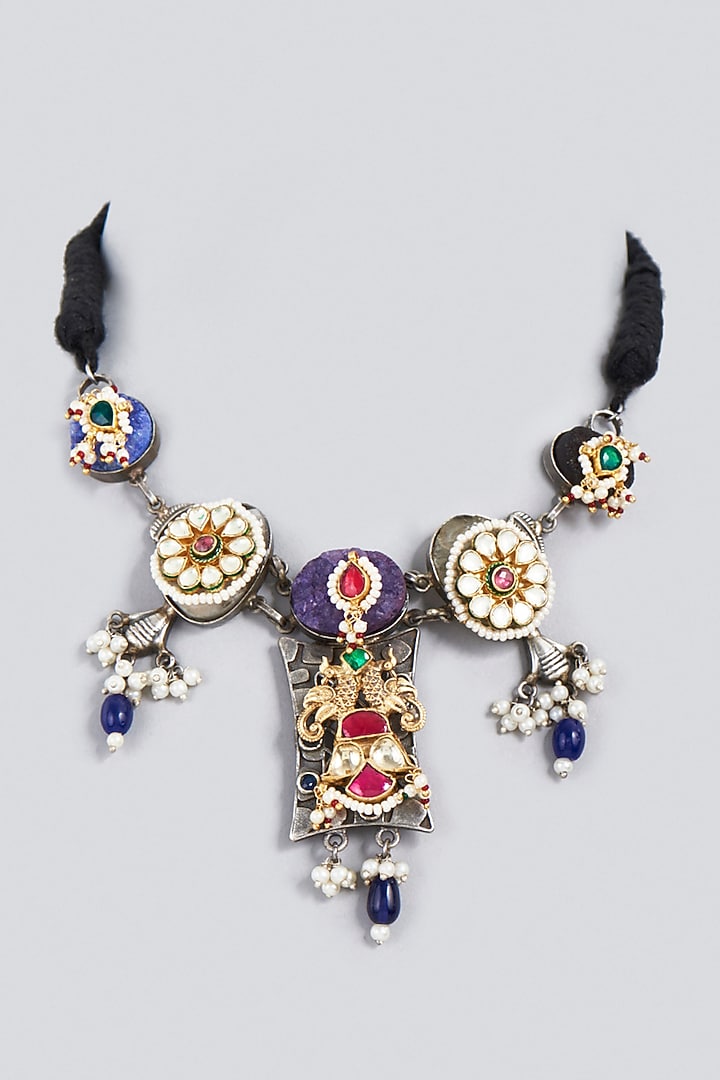 Oxidized Finish Kundan Polki & Synthetic Stone Choker Necklace by VASTRAA Jewellery at Pernia's Pop Up Shop