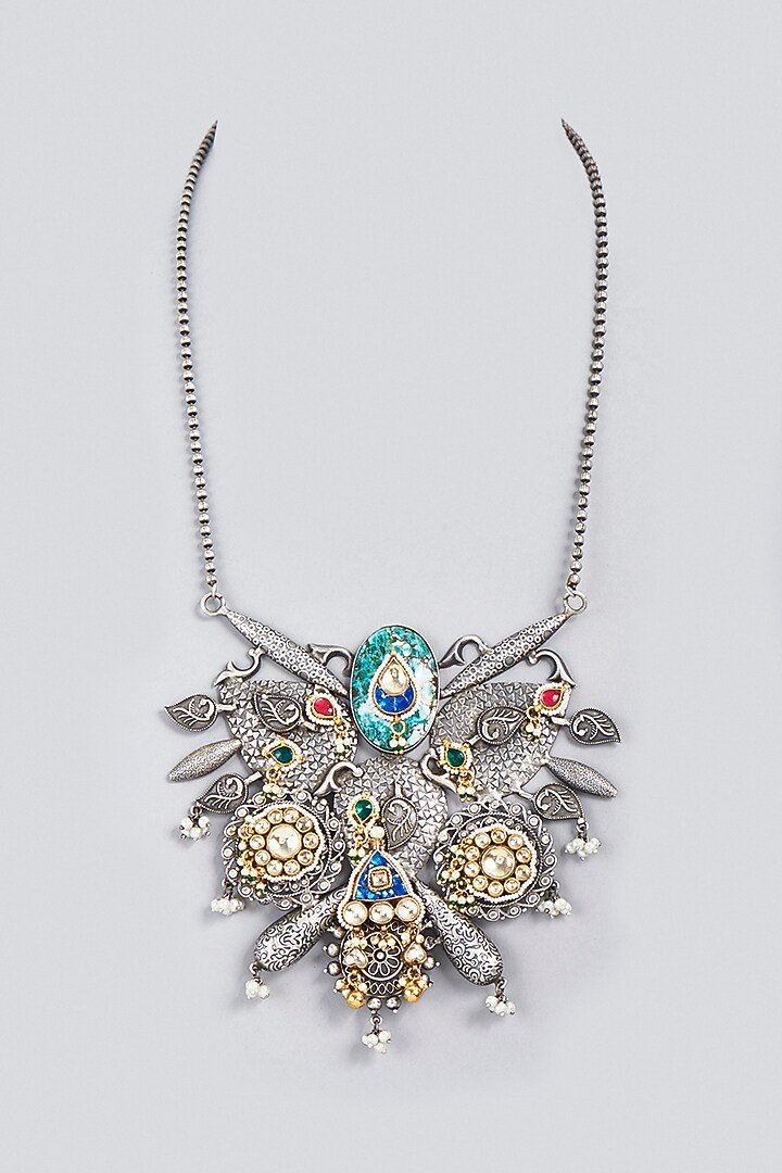 Oxidized Finish Kundan Polki & Synthetic Stone Long Necklace by VASTRAA Jewellery at Pernia's Pop Up Shop
