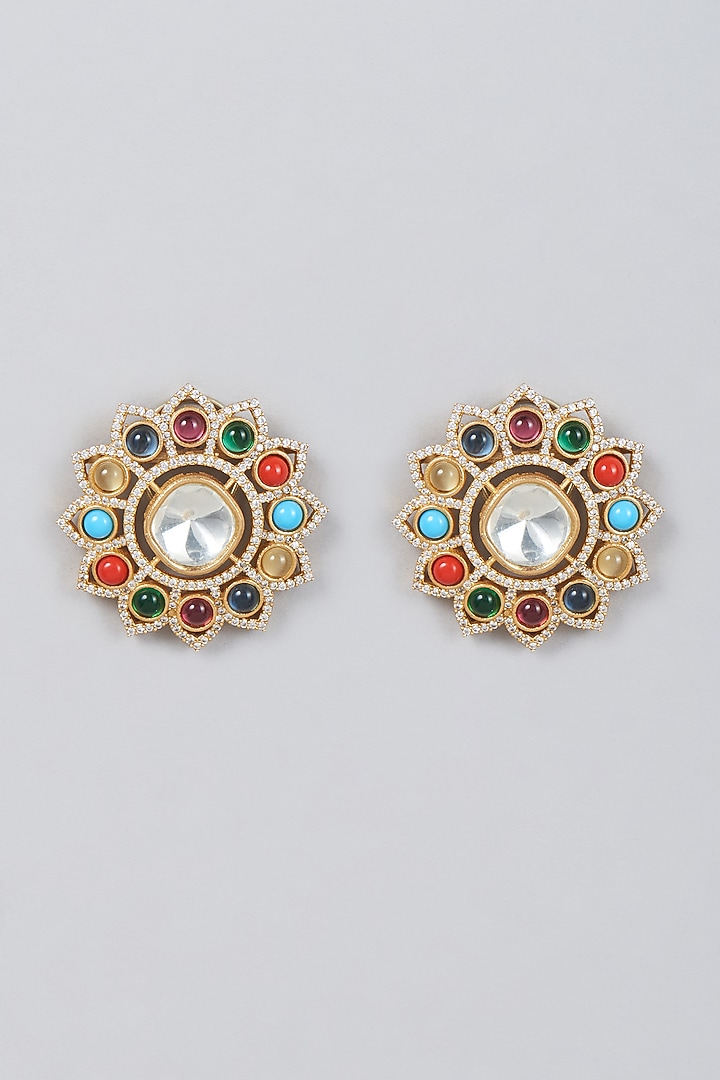 Gold Finish Kundan Polki & Multi-Colored Stone Earrings by VASTRAA Jewellery at Pernia's Pop Up Shop