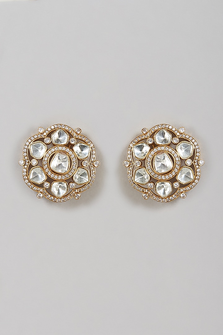Gold Finish Kundan Polki & Synthetic Stone Stud Earrings by VASTRAA Jewellery at Pernia's Pop Up Shop