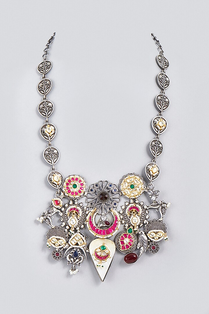 Oxidized Finish Kundan Polki & Synthetic Stone Long Necklace by VASTRAA Jewellery at Pernia's Pop Up Shop